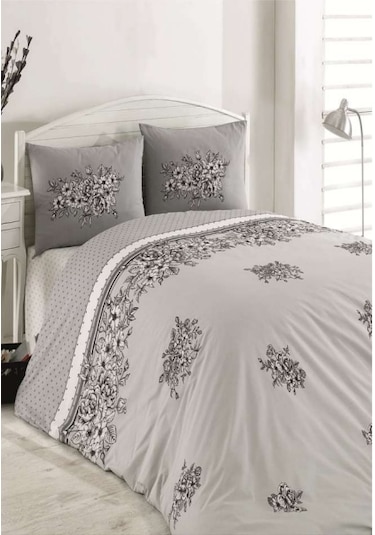 Majoli Spring Gri Tek Kişilik Kapitoneli Nevresim Takımı 4 Mevsim Set % 100 Pamuk Ranforce Kumaş