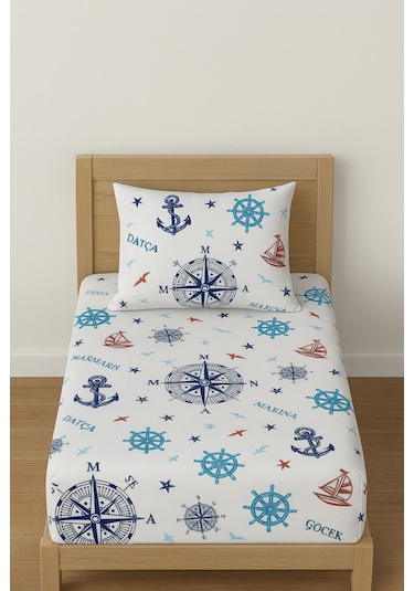 Tek Kişilik Desenli Lastikli Çarşaf Seti 120x200 Cm + 1 Yastık Kılıfı 50x70 Mavi