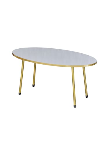 Zigon Sehpa Ve Orta Sehpa Elips Gold Metal Ayak Gold Beyaz Set