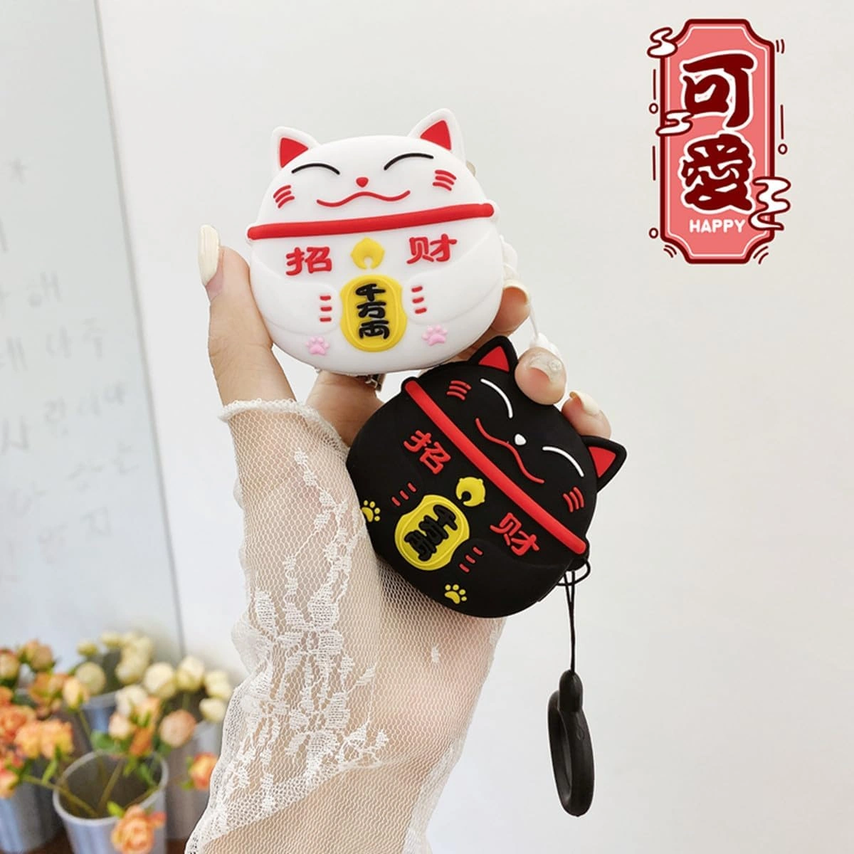 Samsung Galaxy Buds 2 Pro/live/pro/2/fe 2023 İçin Kancalı Sevimli Karikatür Şanslı Kedi Tasarımlı Silikon Kulaklık Kılıfı Diğer