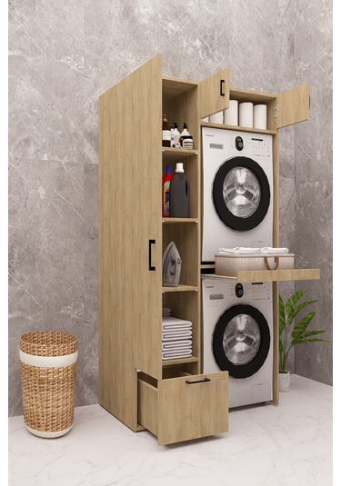 Mdf Çamaşır Makinesi Ve Kurutma Makinesi Dolabı Ütü Masalı Ahşap Lefkas Meşe