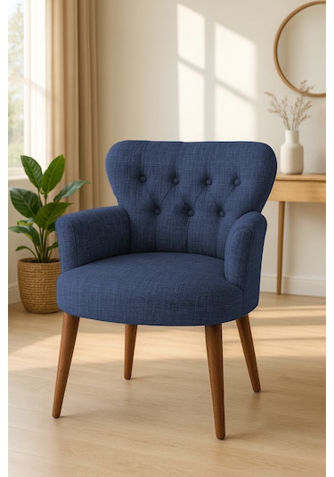 Roma Berjer - Modern Tekli Koltuk - Keten Kumaş - Lacivert