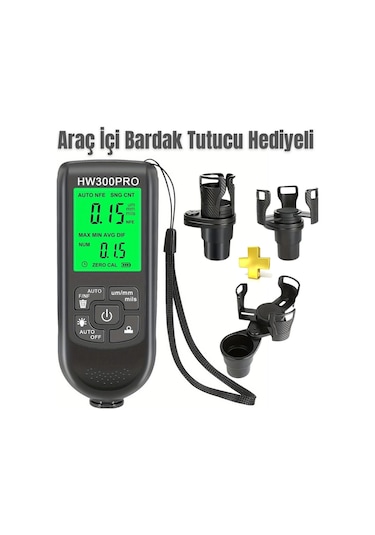 Hw-300pro Oto Boya Kalınlık Ölçer Fe Nfe 2000µm + 2 Fonksiyonlu Bardak Tutucu