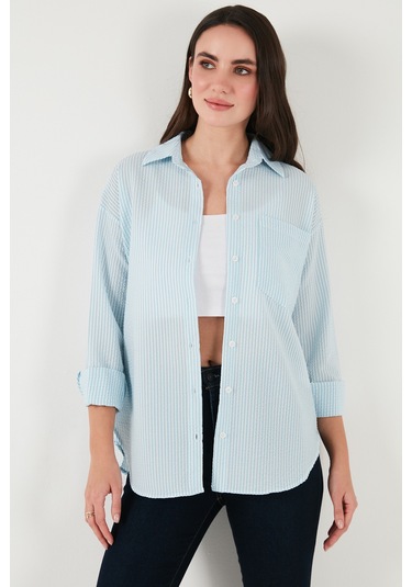 Lela Regular Fit Uzun Kollu Cepli Çizgili Bayan Gömlek 6772895 Bebe Mavi