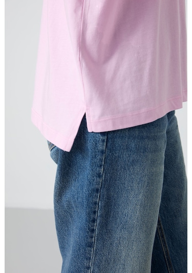 Tommy Life Pembe Penye Modal Yumuşak Tuşeli Oversize Fit Basic Kadın T-shirt- 97285 Pembe