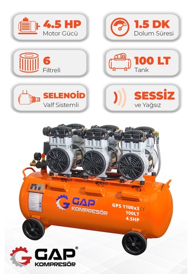 Gap Kompresör Gps 1100x3 Hava Kompresörü Sessiz Ve Yağsız 100 L