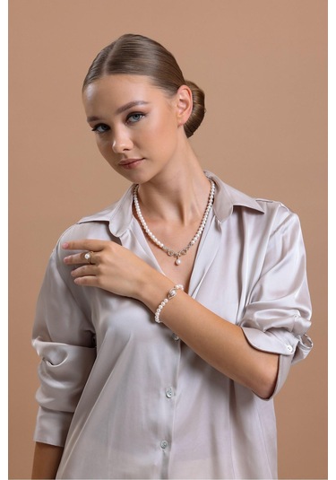 5 Mm Zirkon Taşlı Doğal İnci Bileklik 20 Cm / Beyaz Beyaz Beyaz Altın