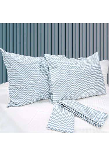 Mavi Zikzaklı %100 Pamuklu Ranforce Çarşaf Seti Mavi