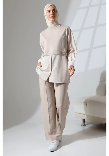 Kadın Taş Rengi Mevsimlik Penye Alt Üst Spor Ve Rahat Tesettür Takım Taş Rengi
