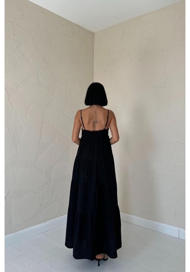 Siyah Askılı Parçalı Müslin Elbise Siyah