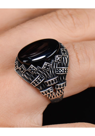 Prestij Gümüş Oniks Taşlı 925 Ayar Zirkon Taş Süslemeli 20082 Gümüş Erkek Yüzüğü