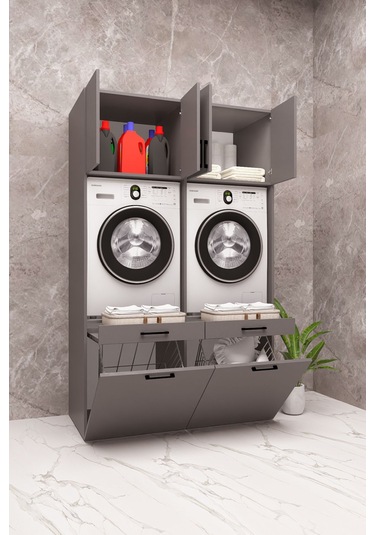 Mdf Çamaşır Makinesi Ve Kurutma Makinesi Dolabı Çift Sepetli Antrasit