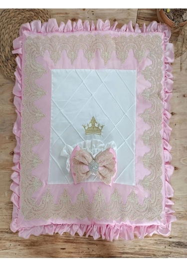 Yenidoğan Grand Lüks Kelebek Ağır Güpür İşlemeli Şapkalı Bebek Battaniyesi Kundak Pembe Pembe