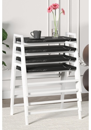 Zigon Sehpa , Aden 4'lü Tepsi Zigon Sehpa Takımı Beyaz Metal - Siyah Mermer Tabla Beyaz-siyah Mermer