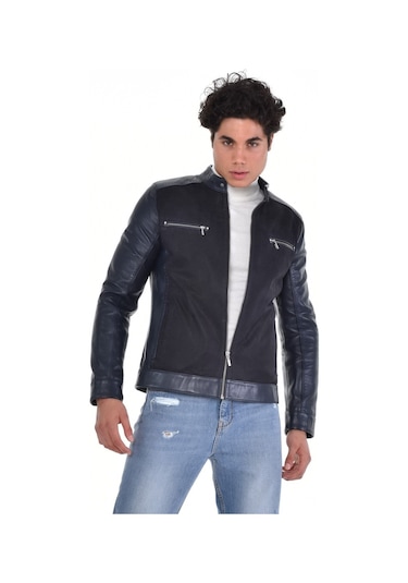 Hakiki Deri Siyah Erkek Deri Mont Önden Kumaş Detaylı Üst Ve Yandan Fermuarlı Deri Ceket Siyah