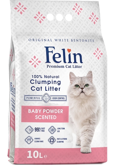 Felin Bebek Pudrası Kokulu İnce Taneli Topaklaşan Bentonit Kedi Kumu 10 L
