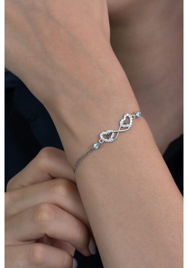 Sonsuzluk Çift Kalp Tek Taşlı Gümüş Bileklik Wsb32