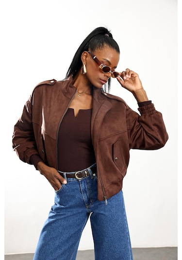 Kahverengi Süet Bomber Ceket D99806 Kahverengi