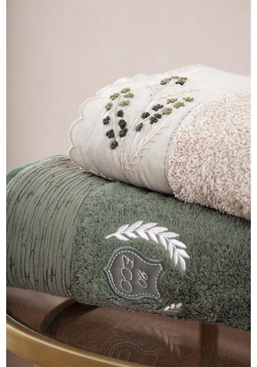 Ecocotton Derin Bej-yeşil "m-l" %100 Organik Pamuk Nakışlı Aile Bornoz Seti Bej - Yeşil