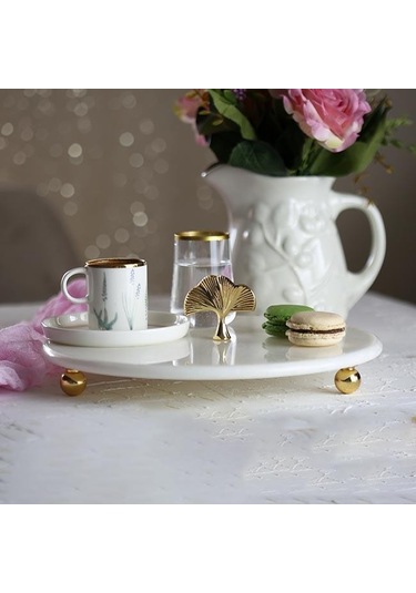 Akayev Mermer Beyaz 28 Cm Altın Boncuk Ayak Ginkgo Sunum Tabağı Beyaz