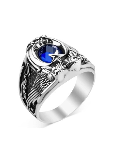 Kartal Figürlü Atatürk Imzalı Mavi Zirkon Taşlı Özel Tasarım 925 Ayar Gümüş Polis Yüzüğü