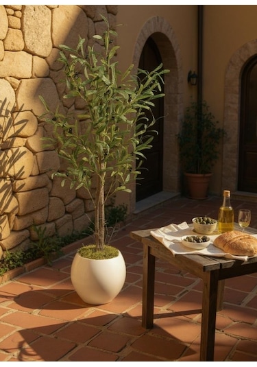 Yapay Zeytin Ağacı 130cm İki Gövdeli Beyaz Küre Saksıda Salex Doğal Gerçek Görünümlü Yapay Ağaç