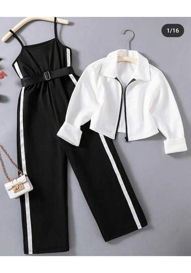 Modavals Kemer Hediyeli Beli Lastikli Şerit Detaylı Garson Boy Kız Çocuk Siyah Tulum & Ceket Kombin Çok Renkli Modavals Kemer Hediyeli Beli Lastikli Şerit Detaylı Garson Boy Kız Çocuk Siyah Tulum & Ceket Kombin Çok Renkli