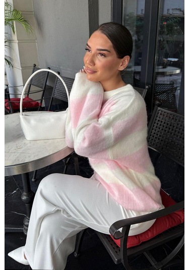 Madmext Pembe Bisiklet Yaka Çizgili Triko Kadın Kazak Mg2472 Pembe