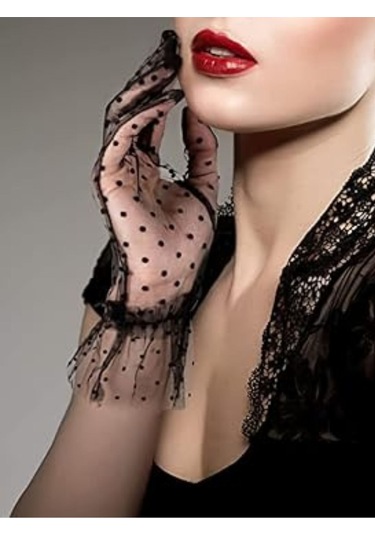 Güpürlü Tüllü Puantiyeli Şeffaf Parti Kostüm Kına Düğün & Gelin Eldiveni Siyah Çok Renkli