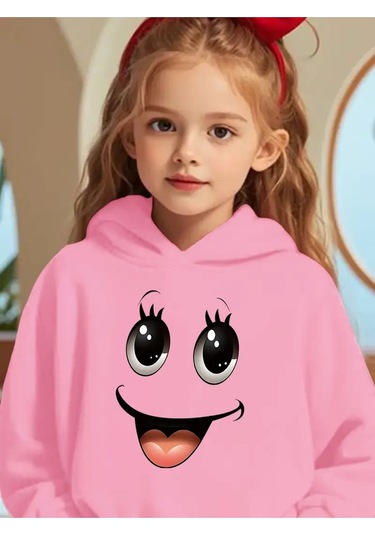 Kışlık Kapüşonlu Sweatshirt, Çocuk Sevimli Gülücük Desen Pembe