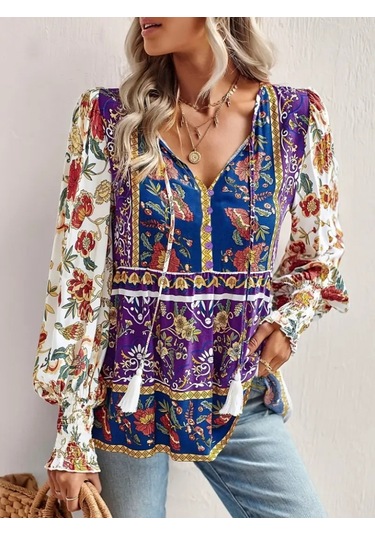 Nnstartshopping Kadın Uzun Kollu Yakası Açık Bağcıklı Çiçek Desenli Salaş Bluz Desenli