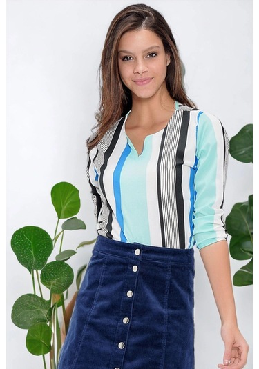 Kadın Mint Yakası Yırtmaçlı Krep Bluz Truvakar Kol Çizgili Ve Giy Çık - Tesettüre Uygun Siyah - Mavi