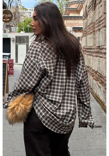 Madmext Camel Oversize Kareli Kadın Gömlek Mg2822