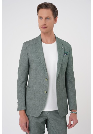 Comfort Fit Mono Yaka Çift Yırtmaç Torba Cep Casual Yeşil Ceket C 701 Yeşil