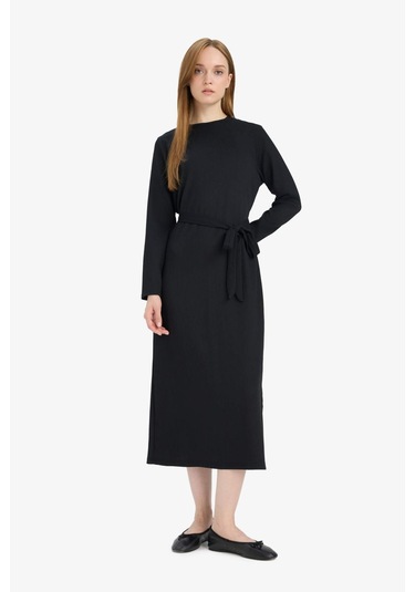 Defacto Regular Fit Bisiklet Yaka Bağlamalı Uzun Kollu Maxi Elbise D9063ax25spbk81 Siyah