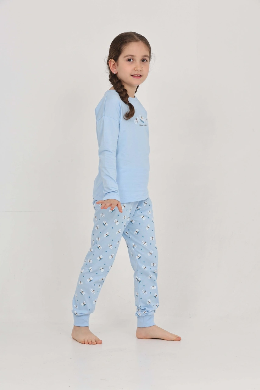 Toontoy Kız Çocuk Kelebek Baskılı Pijama Takım Mavi