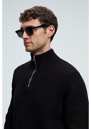 BERNARDO Erkek Yarım Fermuarlı Dik Yaka Triko Siyah Kazak