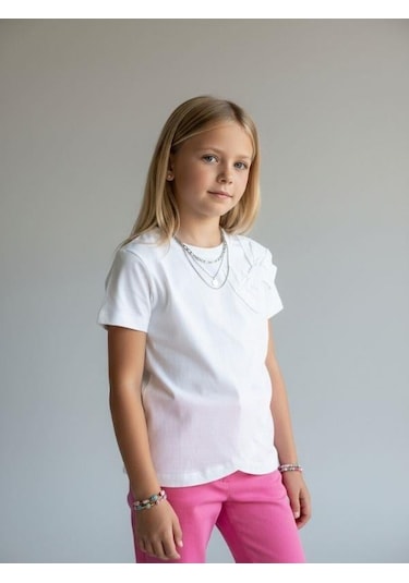 Zekids Kız Çocuk Fiyonk Detaylı Basic T-shirt-16965 Beyaz