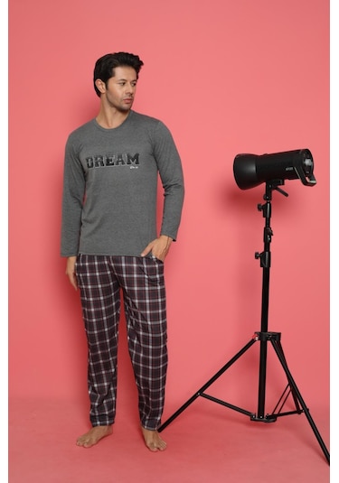Erkek Penye Pamuk Regular Kalıp Sıfır Yaka Pijama Takımı A803123-füme Füme