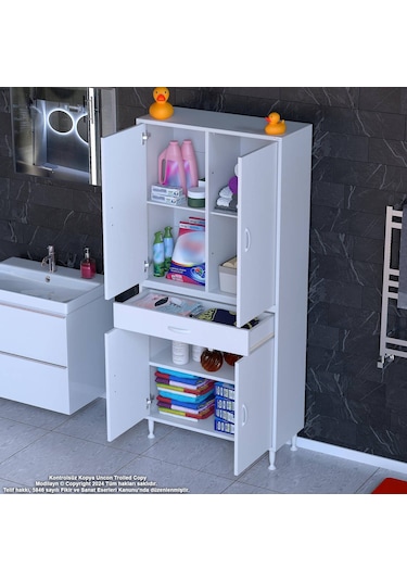 Modilayn Yeni Afra 80x173x32,5 Cm 1 Çekmece 4 Kapak 3 Raf 6 Bölme Çok Amaçlı Banyo & Mutfak Dolabı Beyaz