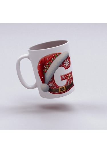 G Harfi Yılbaşı Temalı Bardak 330 Ml Harfli Kişiye Özel Hediye - Yeniyıl / Noel Şapka Tasarım Beyaz