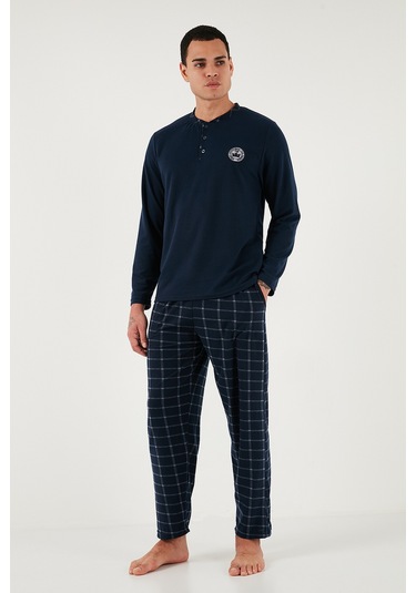 Buratti Ekoseli Yumuşak Dokulu Regular Fit Uzun Kollu Erkek Pijama Takımı 609611030 Lacivert