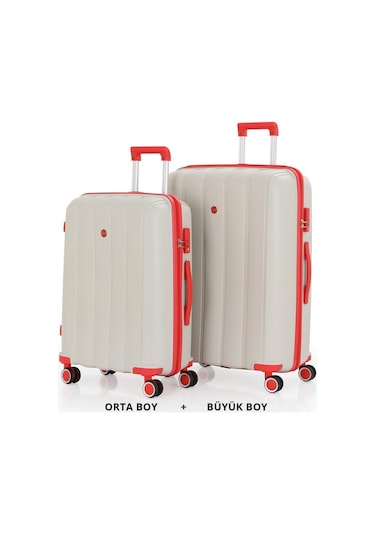 Mçs Bavul Büyük Ve Orta 2li Set Kırılmaz Silikon Valiz V305 Kemik/mercan Bej