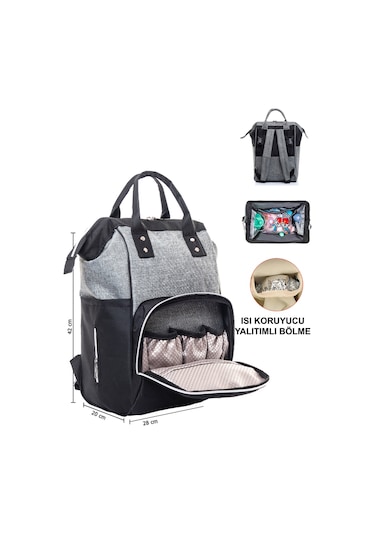 Anne Bebek Bakım Sırt Çantası Siyah-gri Termos Bölmeli Gri - Siyah