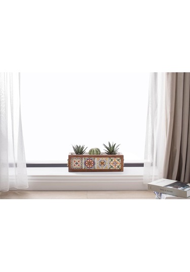 Halohope El Yapımı 4 Meksika Çinili Dekoratif Modern Ahşap Dikdörtgen Bahçe Balkon Saksı Saksılık Çiçeklik