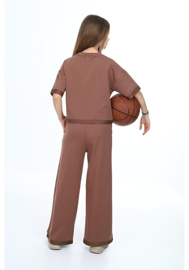 Kız Çocuk %100 Pamuk Oversize Yarım Kol Alt-üst Eşofman Takım-eşt-0012 Kahve