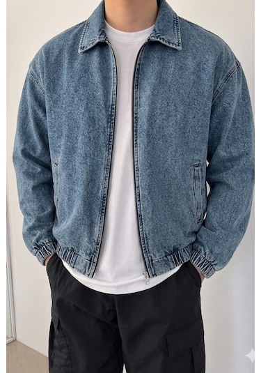 Tarz Cool Erkek Oversize Bomber Ceket Fermuarlı Basic Günlük Şık Mont Mavi