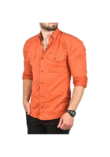 Deepsea Erkek Kiremit Slim Fit Dar Kesim Pamuklu Spor Gömlek Çıtçıtlı Likralı Gabardin Gömlek 2300421 Kiremit