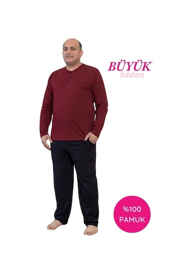 Guava Erkek Büyük Beden 3 Düğmeli %100 Pamuk Mevsimlik Uzun Kol Cepli Pijama Takımı Bordo