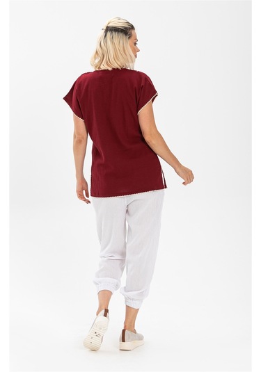 Kısa Kol Şile Bezi Naz Bluz Bordo Brd